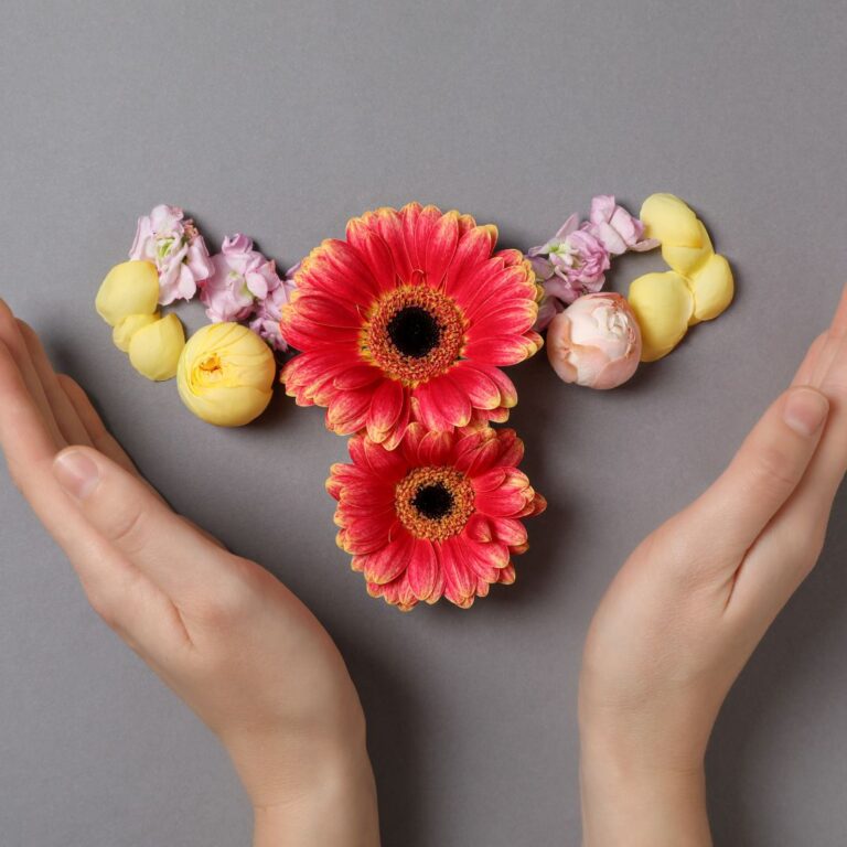 Zwei Hände umrahmen schützend ein kunstvolles Blumenarrangement in Form der weiblichen Fortpflanzungsorgane auf grauem Grund, ein Symbol dafür, eine hormonelle Dysbalance natürlich behandeln zu können.